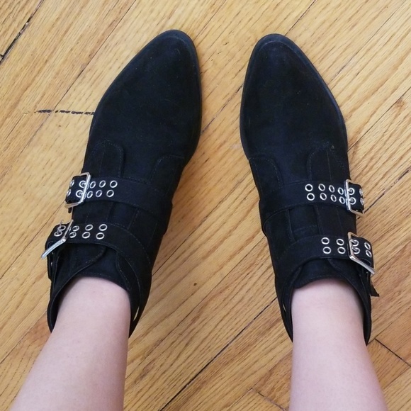 VTG Style Blk Suede Divided Buckle Ankle Booties - Picture 4 of 8